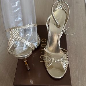 Gucci Gold Braided Strappy Bamboo High-Heel Sandals